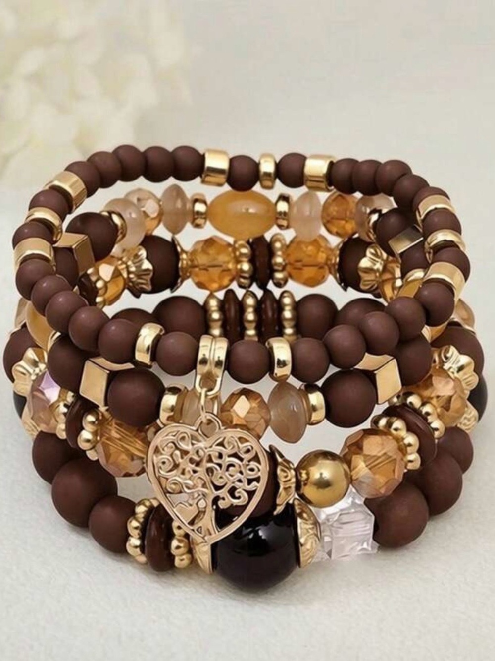 Gold & Brown Beaded Multi-Strand Bracelet with Heart Charm